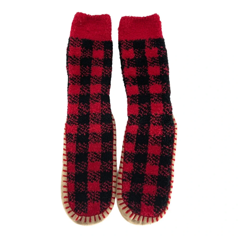 Old Navy Cozy Red Buffalo Plaid Slipper Socks - Picture 2 of 4